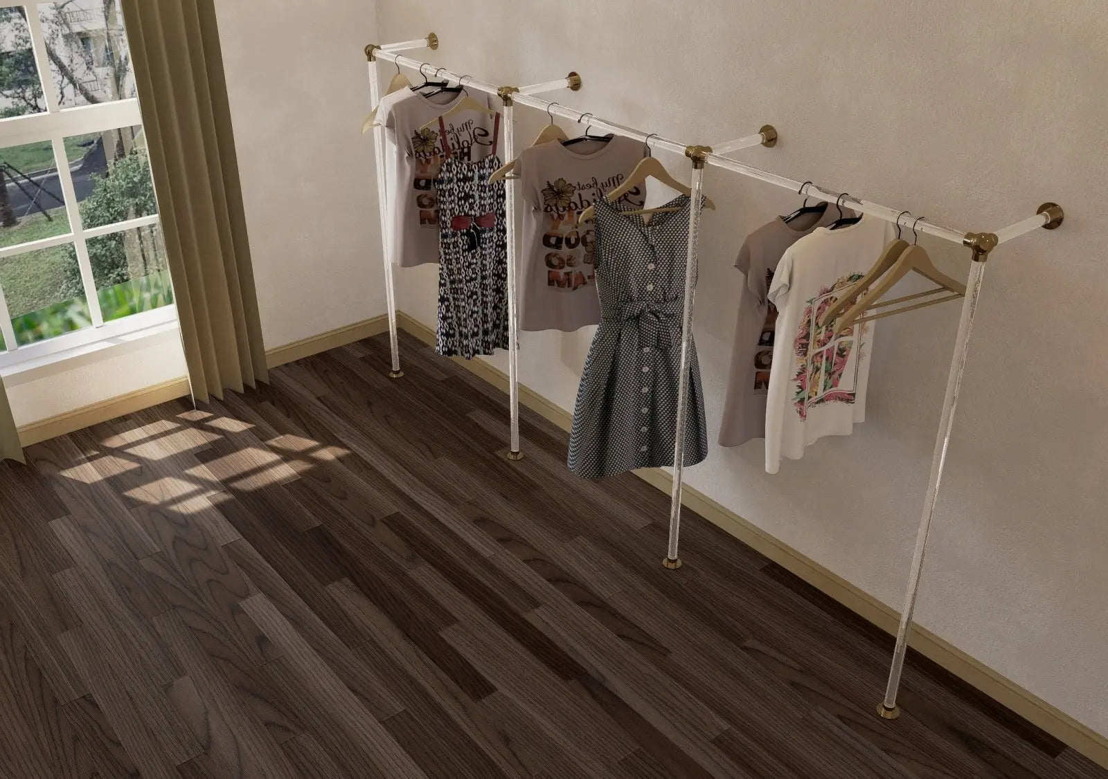 LYNKA Long Minimalist Polished Brass and Lucite Clothes Rail Rack - Rack n Rail