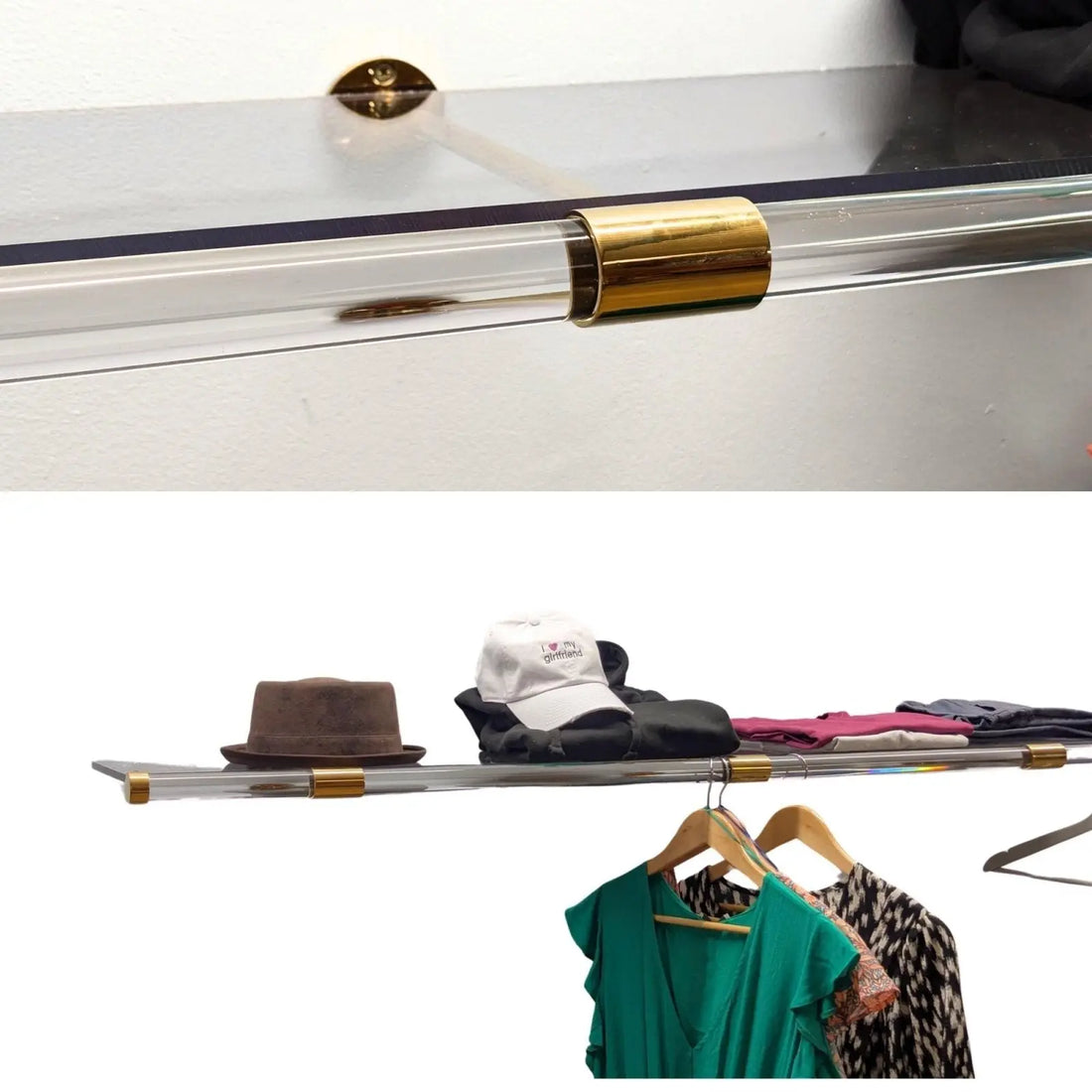 PELKA Clear Lucite Wall Shelf Rack with Brass Brackets - Rack n Rail