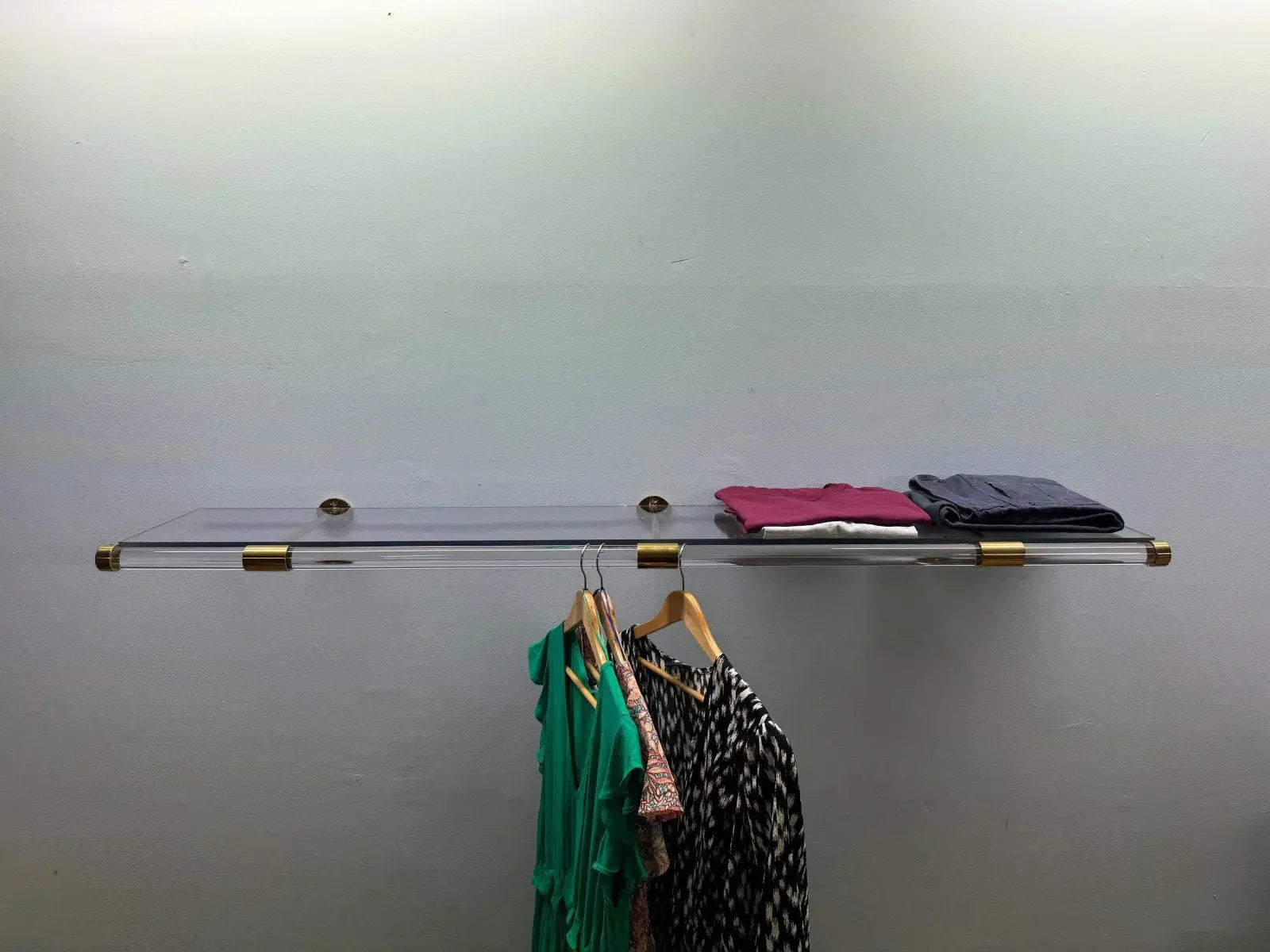 PELKA Clear Lucite Wall Shelf Rack with Brass Brackets - Rack n Rail