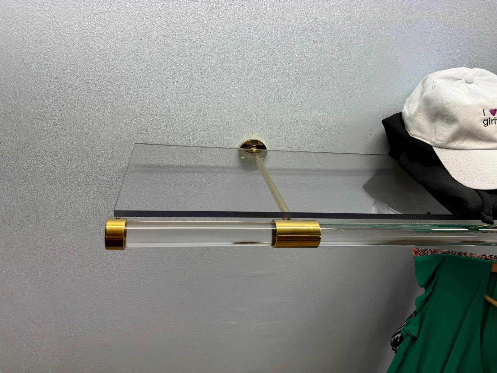 PELKA Clear Lucite Wall Shelf Rack with Brass Brackets - Rack n Rail