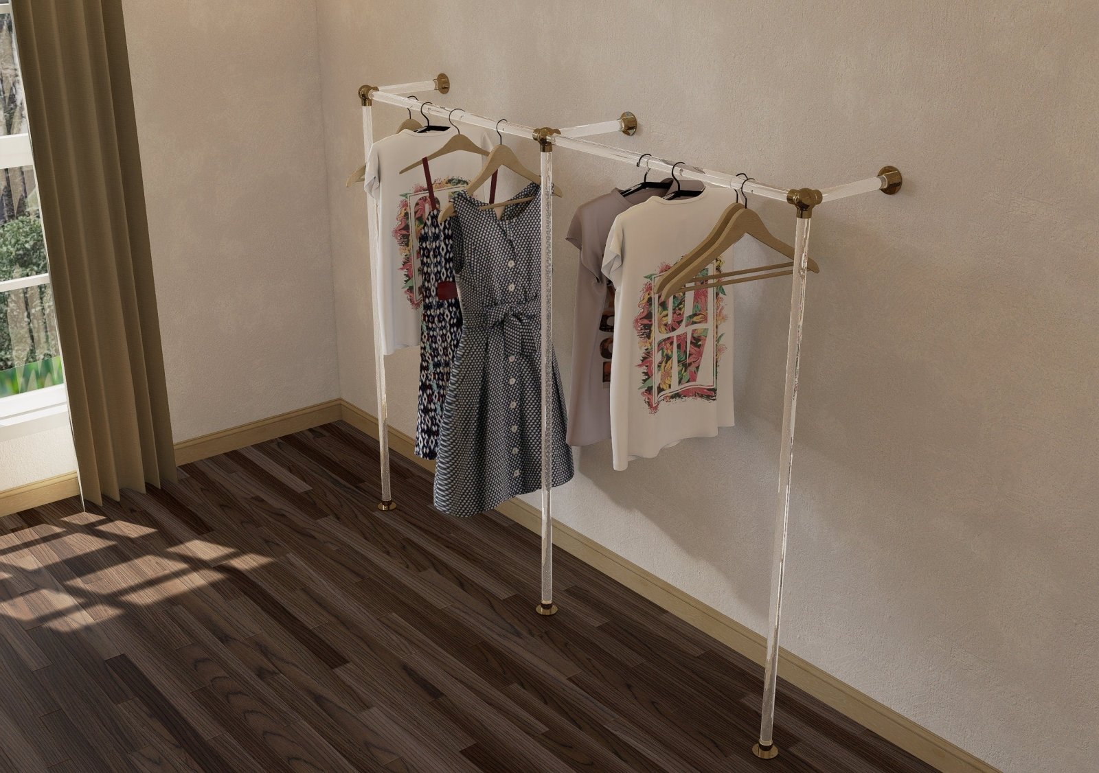 XALVO Minimalist Polished Brass and Lucite Clothes Rail Rack - Rack n Rail