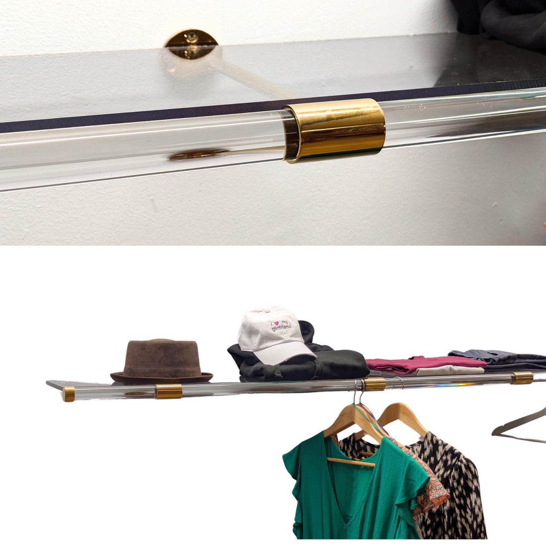 PELKA Clear Lucite Wall Shelf Rack with Brass Brackets