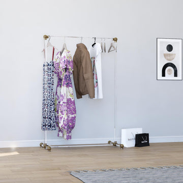 Free-Standing Lucite Clothing Rack | Polished Brass & Clear Acrylic Garment Rail | Luxury Boutique Display | Minimalist Closet Organizer